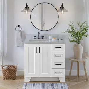 ARIEL 37" White Bathroom Vanity with Italian Carrara Marble Countertop & Backsplash, Left Rectangular Sink, 2 Soft Closing Doors, 5 Full Extension Dovetail Drawers, Toe Kick, Matte Black