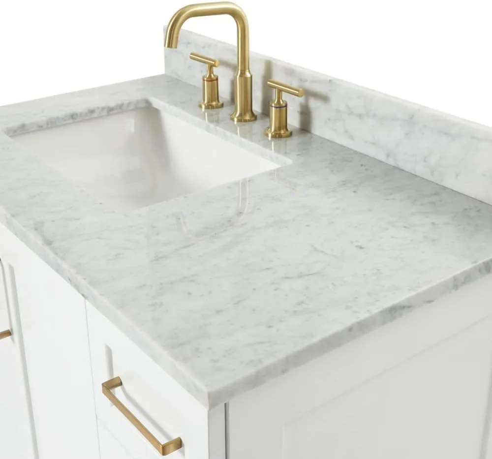 ARIEL 37" White Bathroom Vanity with Italian Carrara Marble Countertop & Backsplash, Left Rectangular Sink, 2 Soft Closing Doors, 5 Full Extension Dovetail Drawers, Toe Kick, Matte Black