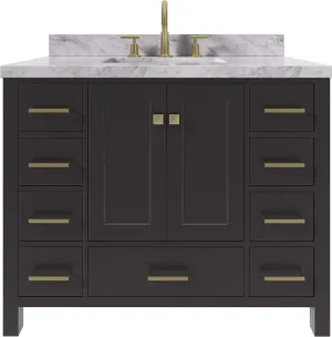 ARIEL 43" Espresso Bathroom Vanity with 1.5" Edge Italian Carrara Marble Countertop & Backsplash, Center Rectangular Sink, 2 Soft Closing Doors, 9 Full Extension Dovetail Drawers, Satin Brass