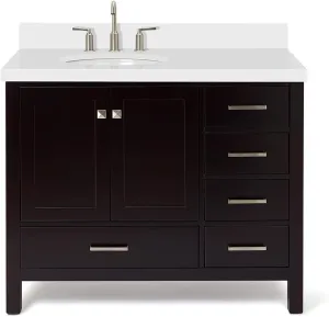 ARIEL 43" Espresso Bathroom Vanity with 1.5" Edge Pure White Quartz Countertop & Backsplash, Left Oval Sink, 2 Soft Closing Doors, 9 Dovetail Drawers