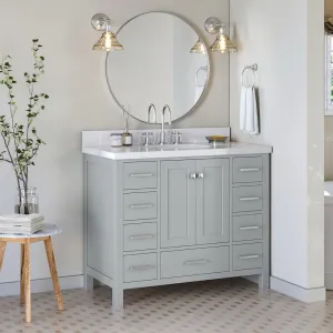ARIEL 43" Inch Bathroom Vanity in Gray with 1.5" Thick Edge Pure White Quartz Countertop with Back & Sidesplash, 2 Soft Closing Doors 9 Full Extension Dovetail Drawers, Oval Sink, No Mirror
