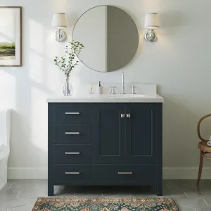 ARIEL 43" Midnight Blue Bathroom Vanity with 1.5" Edge Pure White Quartz Countertop & Backsplash, Right Oval Sink, 2 Soft Closing Doors, 5 Full Extension Dovetail Drawers, Satin Nickel