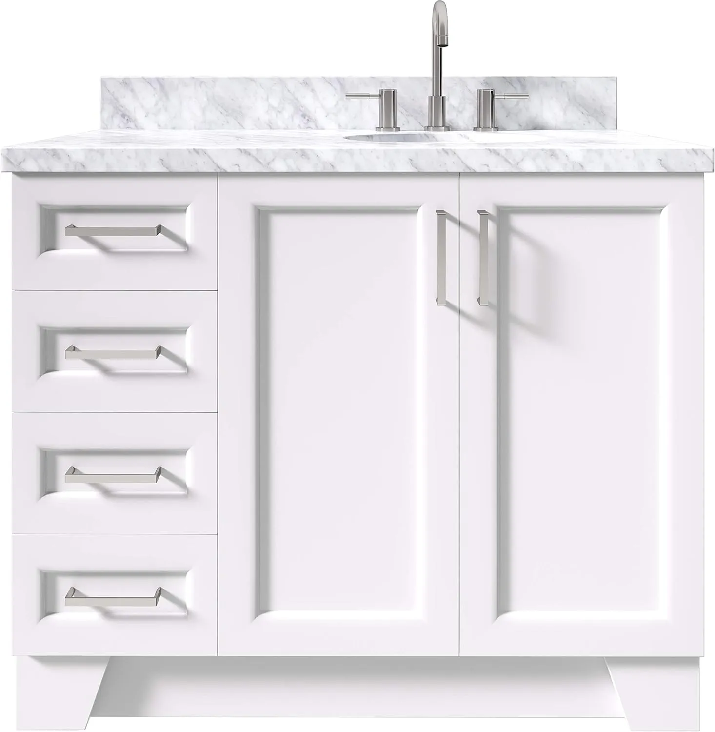 ARIEL 43" White Bathroom Vanity with 1.5" Edge Italian Carrara Marble Countertop & Backsplash, Right Oval Sink, 2 Soft Closing Doors, 5 Full Extension Dovetail Drawers, Toe Kick, Satin Nickel