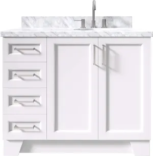 ARIEL 43" White Bathroom Vanity with 1.5" Edge Italian Carrara Marble Countertop & Backsplash, Right Oval Sink, 2 Soft Closing Doors, 5 Full Extension Dovetail Drawers, Toe Kick, Satin Nickel