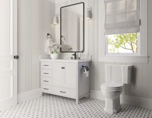 ARIEL 43" White Bathroom Vanity with 1.5" Edge Pure White Quartz Countertop & Backsplash, Right Oval Sink, 2 Soft Closing Doors, 5 Full Extension Dovetail Drawers, Matte Black