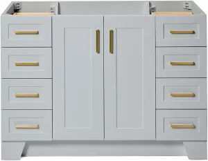 ARIEL 48" Grey Bathroom Vanity Base Cabinet, Single Sink Configuration, 2 Soft Closing Doors, 9 Full Extension Dovetail Drawers, Toe Kick, Satin Brass