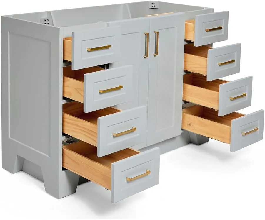 ARIEL 48" Grey Bathroom Vanity Base Cabinet, Single Sink Configuration, 2 Soft Closing Doors, 9 Full Extension Dovetail Drawers, Toe Kick, Satin Brass