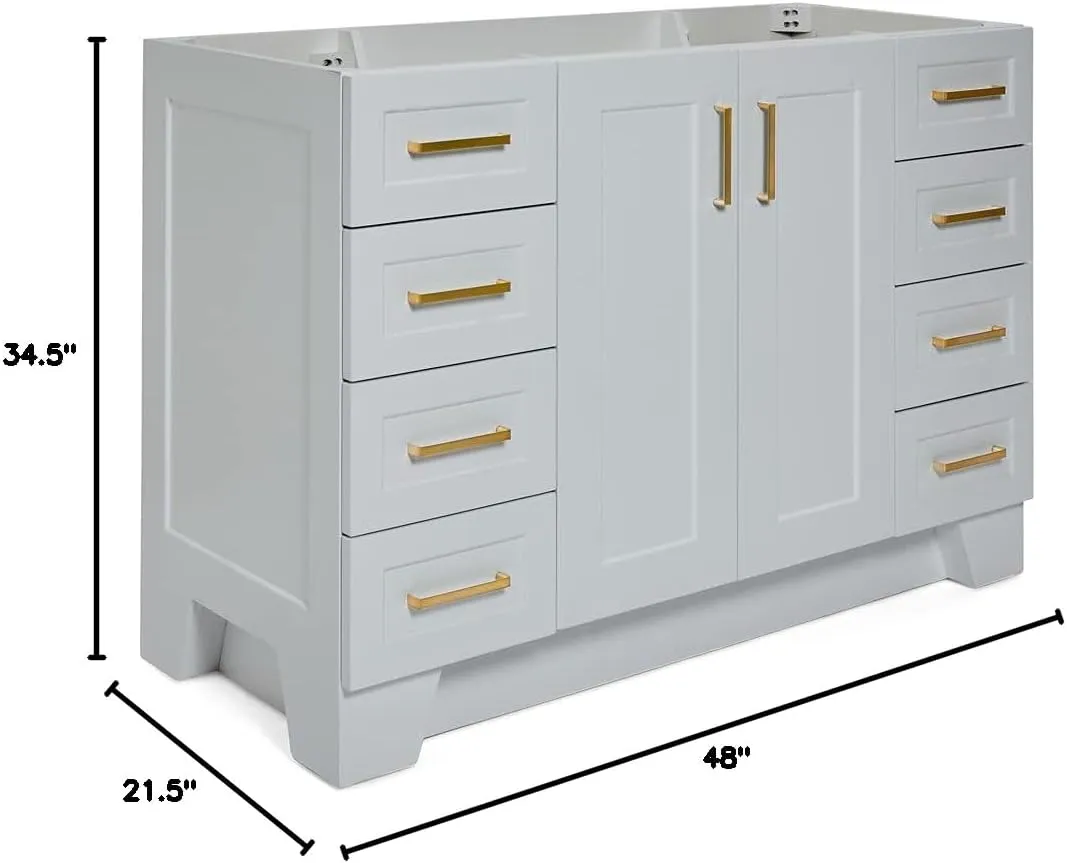 ARIEL 48" Grey Bathroom Vanity Base Cabinet, Single Sink Configuration, 2 Soft Closing Doors, 9 Full Extension Dovetail Drawers, Toe Kick, Satin Brass
