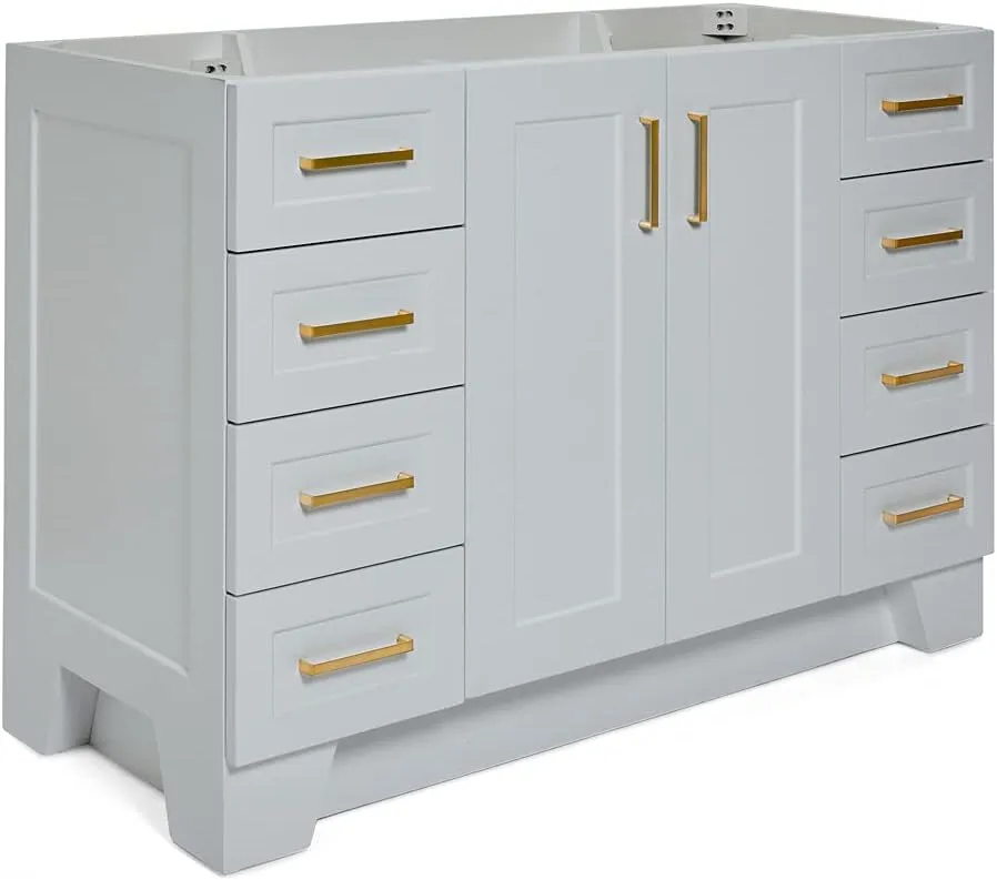 ARIEL 48" Grey Bathroom Vanity Base Cabinet, Single Sink Configuration, 2 Soft Closing Doors, 9 Full Extension Dovetail Drawers, Toe Kick, Satin Brass