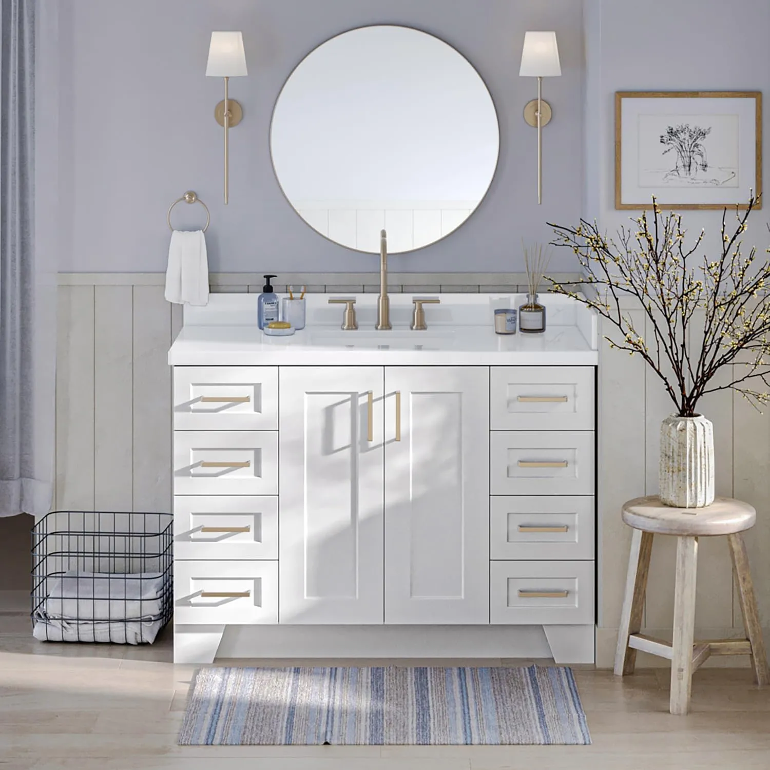 ARIEL 48" White Bathroom Vanity Base Cabinet, Single Sink Configuration, 2 Soft Closing Doors, 9 Full Extension Dovetail Drawers, Toe Kick, Satin Brass
