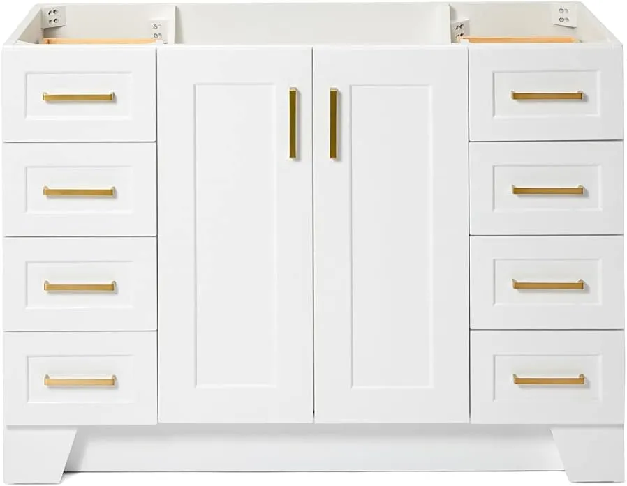 ARIEL 48" White Bathroom Vanity Base Cabinet, Single Sink Configuration, 2 Soft Closing Doors, 9 Full Extension Dovetail Drawers, Toe Kick, Satin Brass
