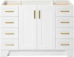 ARIEL 48" White Bathroom Vanity Base Cabinet, Single Sink Configuration, 2 Soft Closing Doors, 9 Full Extension Dovetail Drawers, Toe Kick, Satin Brass