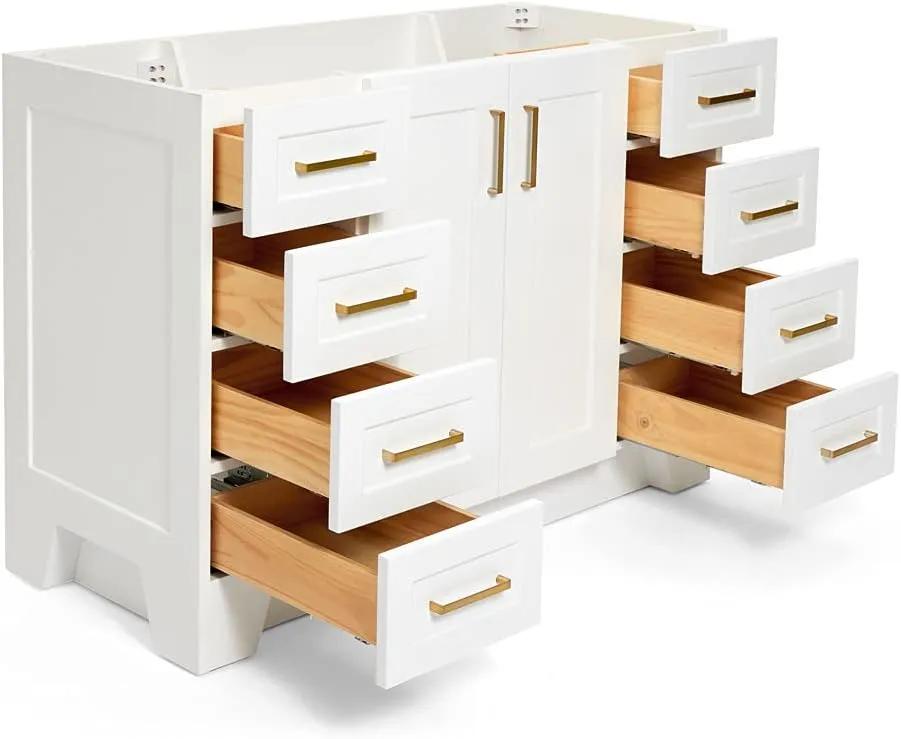 ARIEL 48" White Bathroom Vanity Base Cabinet, Single Sink Configuration, 2 Soft Closing Doors, 9 Full Extension Dovetail Drawers, Toe Kick, Satin Brass