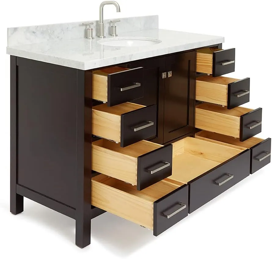 ARIEL 49" Espresso Bathroom Vanity with 1.5" Edge Italian Carrara Marble Countertop & Backsplash, Center Oval Sink, 2 Soft Closing Doors, 9 Full Extension Dovetail Drawers, Satin Brass