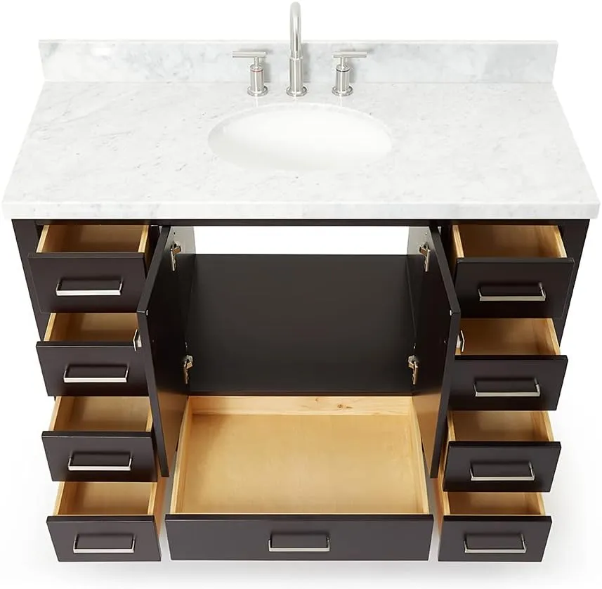 ARIEL 49" Espresso Bathroom Vanity with 1.5" Edge Italian Carrara Marble Countertop & Backsplash, Center Oval Sink, 2 Soft Closing Doors, 9 Full Extension Dovetail Drawers, Satin Brass
