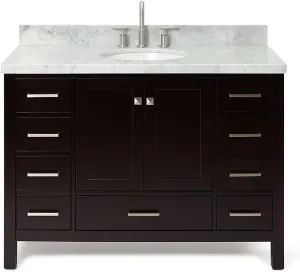 ARIEL 49" Espresso Bathroom Vanity with 1.5" Edge Italian Carrara Marble Countertop & Backsplash, Center Oval Sink, 2 Soft Closing Doors, 9 Full Extension Dovetail Drawers, Satin Brass