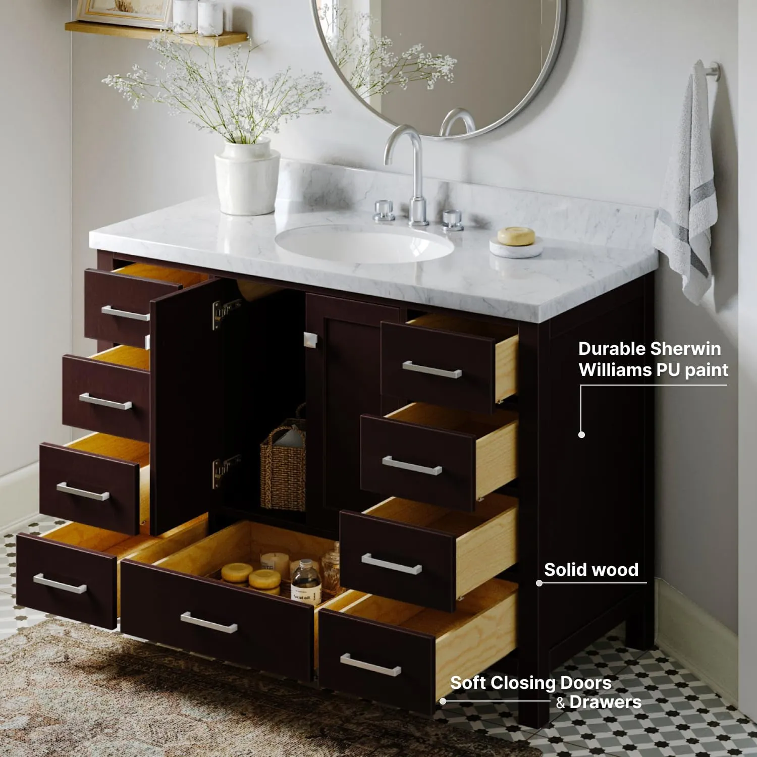 ARIEL 49" Espresso Bathroom Vanity with 1.5" Edge Italian Carrara Marble Countertop & Backsplash, Center Oval Sink, 2 Soft Closing Doors, 9 Full Extension Dovetail Drawers, Satin Brass
