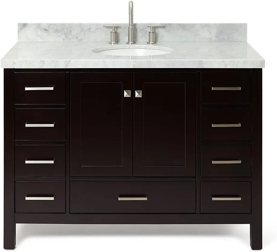ARIEL 49" Espresso Bathroom Vanity with 1.5" Edge Italian Carrara Marble Countertop & Backsplash, Center Oval Sink, 2 Soft Closing Doors, 9 Full Extension Dovetail Drawers, Satin Brass