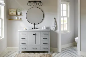 ARIEL 49" Grey Bathroom Vanity with 1.5" Edge Italian Carrara Marble Countertop & Backsplash, Center Oval Sink, 2 Soft Closing Doors, 9 Full Extension Dovetail Drawers, Matte Black