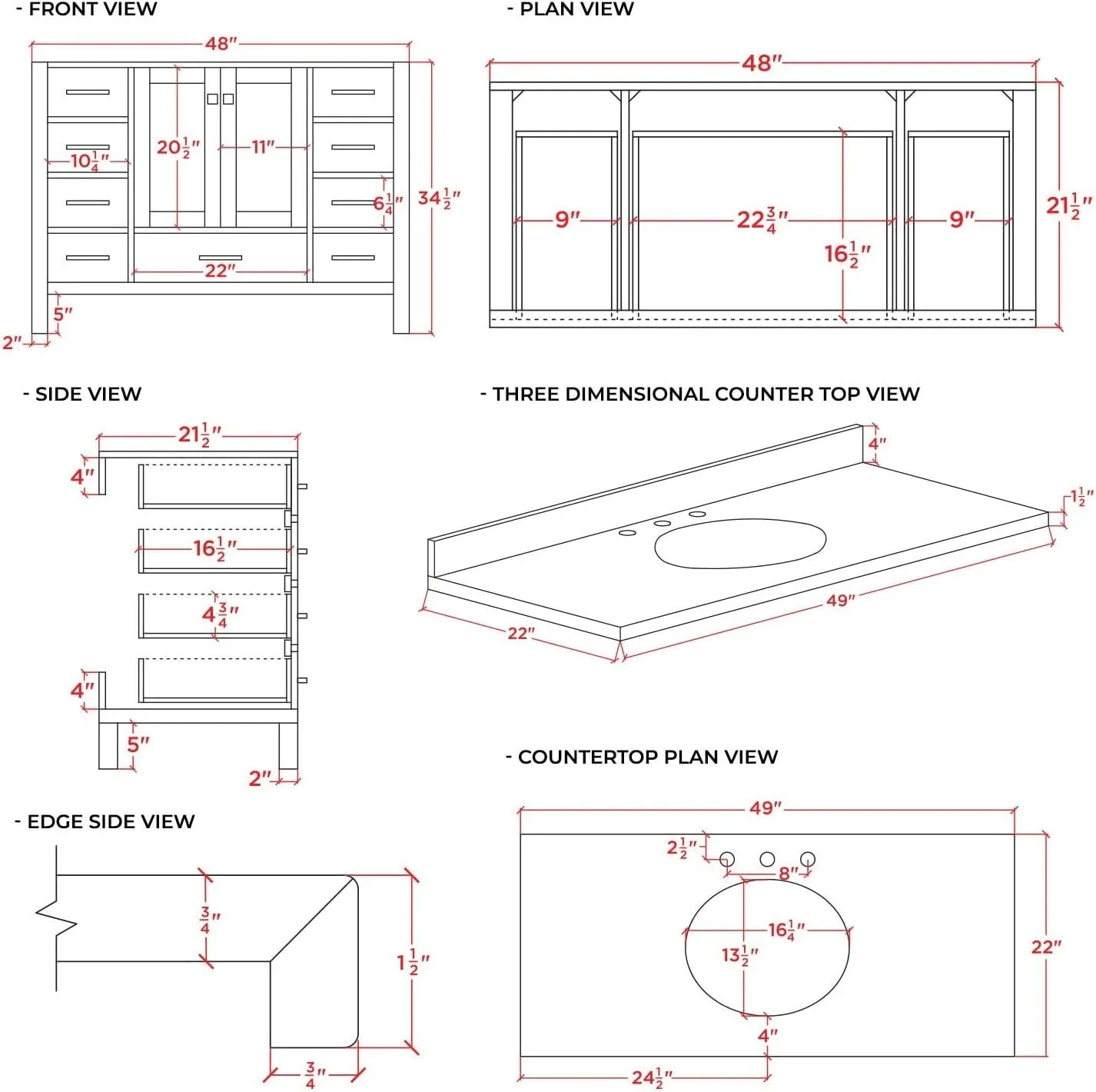 ARIEL 49" Grey Bathroom Vanity with 1.5" Edge Italian Carrara Marble Countertop & Backsplash, Center Oval Sink, 2 Soft Closing Doors, 9 Full Extension Dovetail Drawers, Matte Black