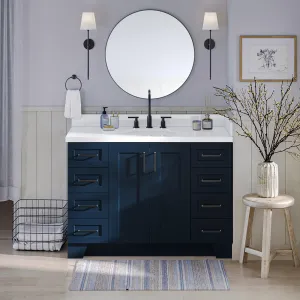 ARIEL 49" Midnight Blue Bathroom Vanity, 1.5" Edge Pure White Quartz Countertop & Splash, Oval Sink, 2 Soft Closing Doors, 9 Full Extension Dovetail Drawers, Toe Kick, Matte Black