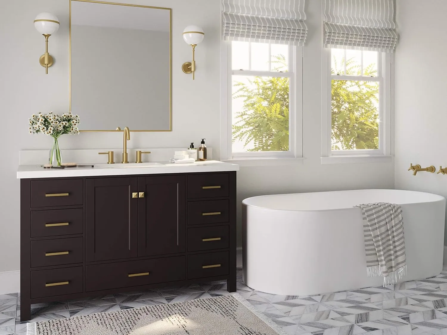 ARIEL 55" Espresso Bathroom Vanity with 1.5" Edge Pure White Quartz Countertop & Backsplash, Center Oval Sink, 2 Soft Closing Doors, 9 Full Extension Dovetail Drawers, Satin Brass
