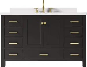 ARIEL 55" Espresso Bathroom Vanity with 1.5" Edge Pure White Quartz Countertop & Backsplash, Center Oval Sink, 2 Soft Closing Doors, 9 Full Extension Dovetail Drawers, Satin Brass