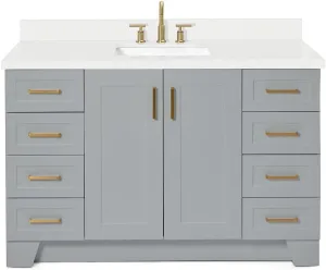 ARIEL 55" Grey Bathroom Vanity with 1.5" Edge Pure White Quartz Countertop & Backsplash, Center Rectangular Sink, 2 Soft Closing Doors, 9 Full Extension Dovetail Drawers, Toe Kick, Satin Brass