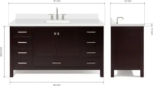 ARIEL 61" Espresso Bathroom Vanity with 1.5" Edge Pure White Quartz Countertop & Splashes, Center Rectangular Sink, 4 Soft Closing Doors, 6 Full Extension Dovetail Drawers, Matte Black
