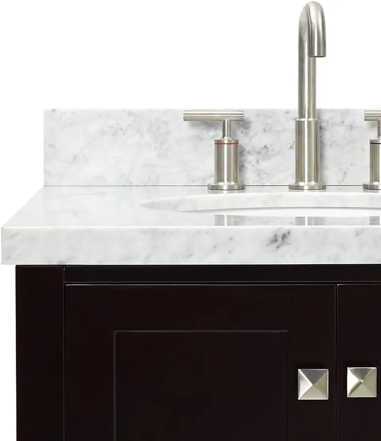 ARIEL 61" Espresso Double Bathroom Vanity 1.5" Edge Italian Carrara Marble Countertop & Splash, Oval Sinks, 4 Soft Closing Doors, 6 Full Extension Dovetail Drawers, Brushed Nickel