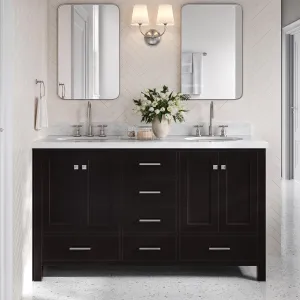 ARIEL 61" Espresso Double Bathroom Vanity 1.5" Edge Italian Carrara Marble Countertop & Splash, Oval Sinks, 4 Soft Closing Doors, 6 Full Extension Dovetail Drawers, Brushed Nickel