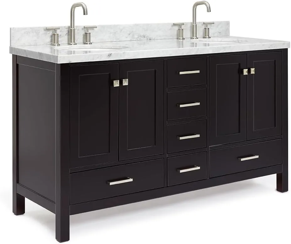 ARIEL 61" Espresso Double Bathroom Vanity 1.5" Edge Italian Carrara Marble Countertop & Splash, Oval Sinks, 4 Soft Closing Doors, 6 Full Extension Dovetail Drawers, Brushed Nickel
