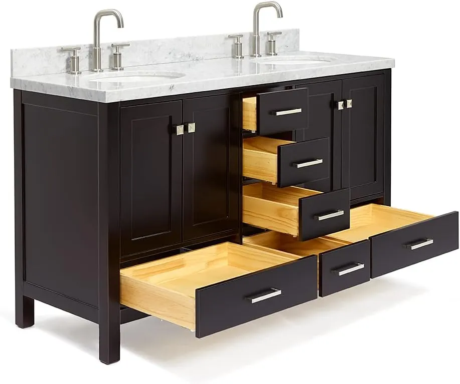 ARIEL 61" Espresso Double Bathroom Vanity 1.5" Edge Italian Carrara Marble Countertop & Splash, Oval Sinks, 4 Soft Closing Doors, 6 Full Extension Dovetail Drawers, Brushed Nickel