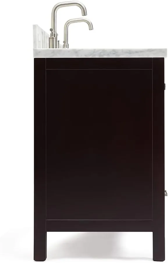 ARIEL 61" Espresso Double Bathroom Vanity 1.5" Edge Italian Carrara Marble Countertop & Splash, Oval Sinks, 4 Soft Closing Doors, 6 Full Extension Dovetail Drawers, Brushed Nickel