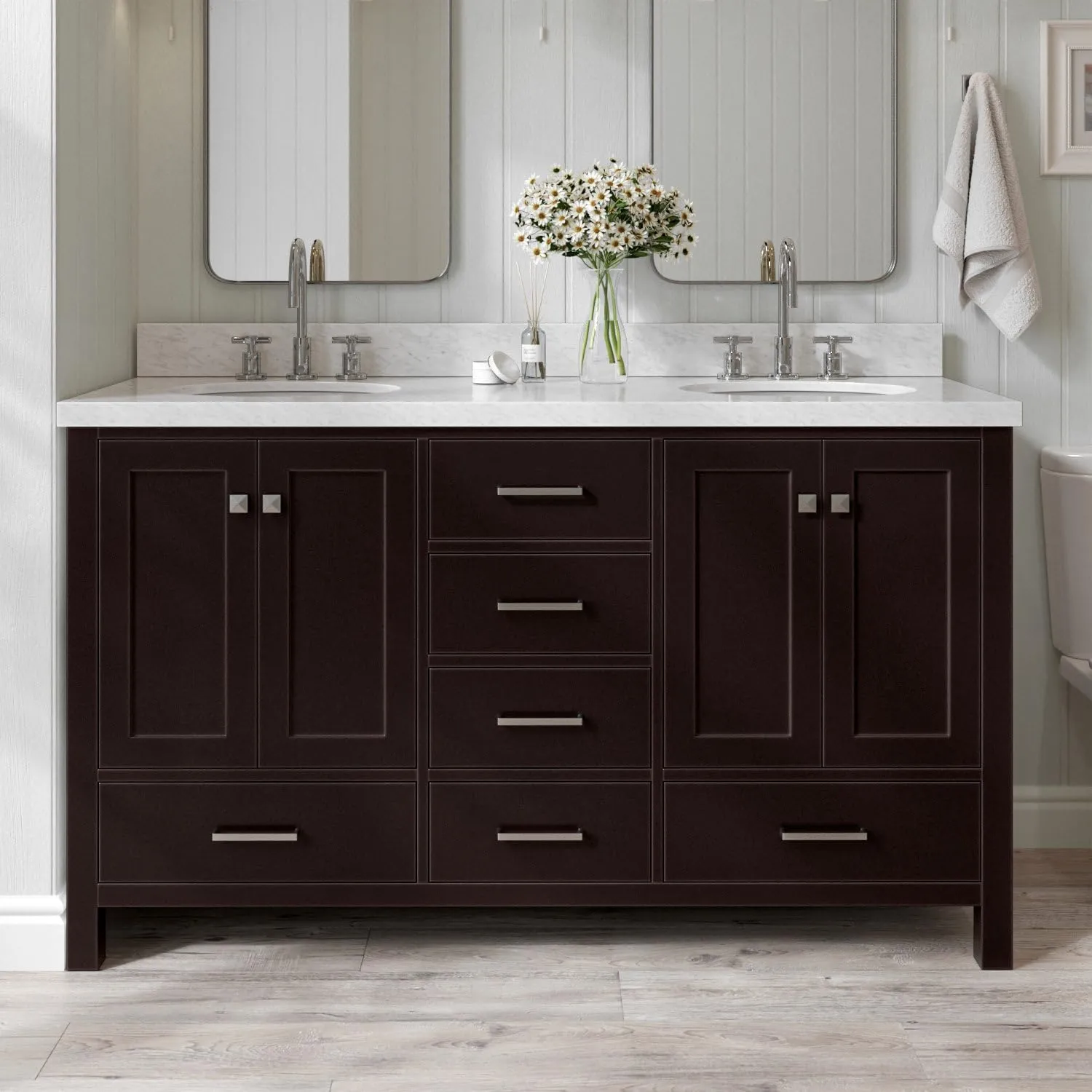 ARIEL 61" Espresso Double Bathroom Vanity 1.5" Edge Italian Carrara Marble Countertop & Splash, Oval Sinks, 4 Soft Closing Doors, 6 Full Extension Dovetail Drawers, Brushed Nickel