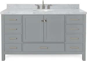ARIEL 61" Grey Bathroom Vanity with 1.5" Edge Italian Carrara Marble Countertop & Backsplash, Center Oval Sink, 4 Soft Closing Doors, 6 Full Extension Dovetail Drawers, Brushed Nickel