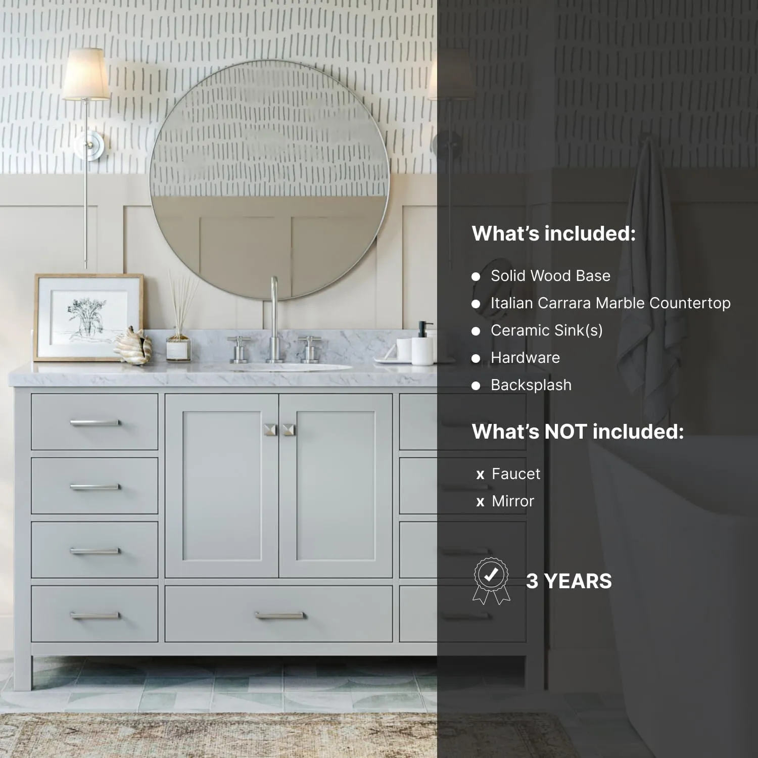 ARIEL 61" Grey Bathroom Vanity with 1.5" Edge Italian Carrara Marble Countertop & Backsplash, Center Oval Sink, 4 Soft Closing Doors, 6 Full Extension Dovetail Drawers, Brushed Nickel