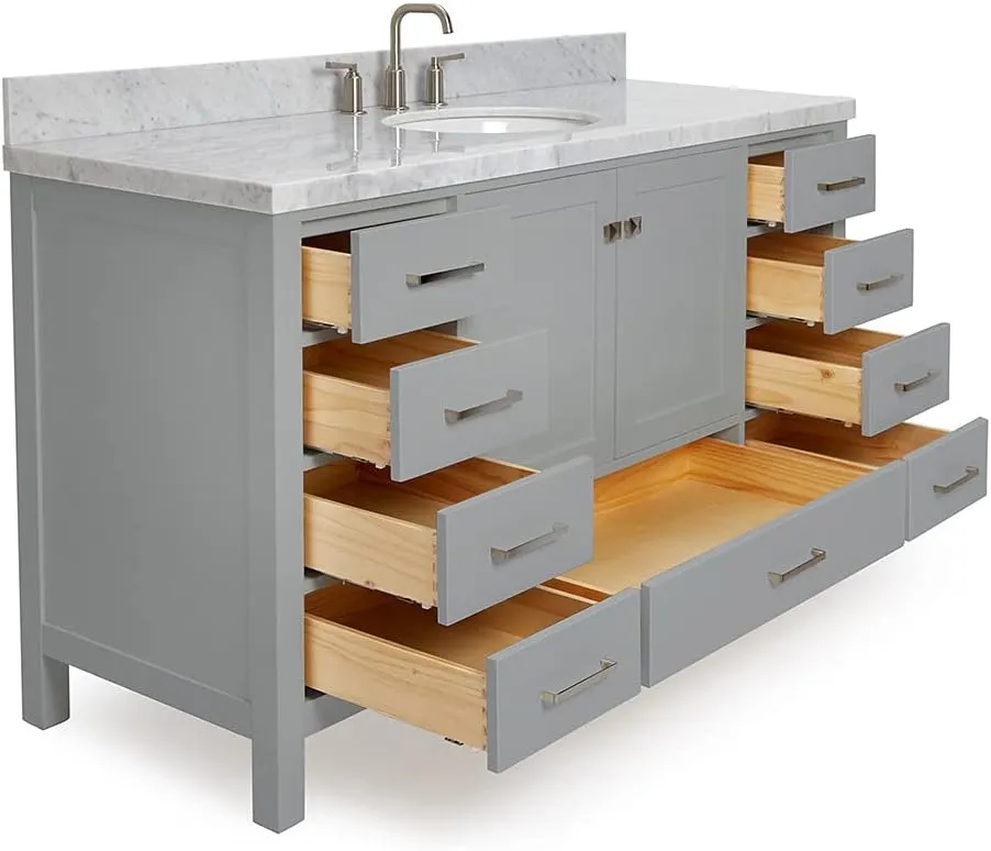 ARIEL 61" Grey Bathroom Vanity with 1.5" Edge Italian Carrara Marble Countertop & Backsplash, Center Oval Sink, 4 Soft Closing Doors, 6 Full Extension Dovetail Drawers, Brushed Nickel