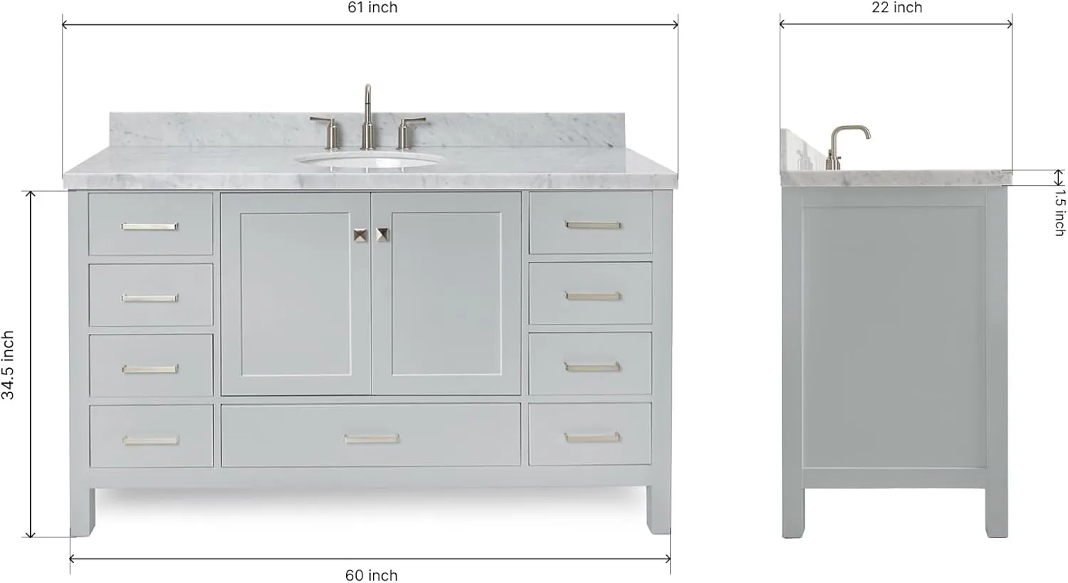 ARIEL 61" Grey Bathroom Vanity with 1.5" Edge Italian Carrara Marble Countertop & Backsplash, Center Oval Sink, 4 Soft Closing Doors, 6 Full Extension Dovetail Drawers, Brushed Nickel