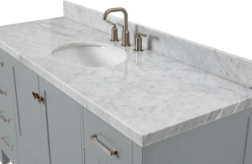 ARIEL 61" Grey Bathroom Vanity with 1.5" Edge Italian Carrara Marble Countertop & Backsplash, Center Oval Sink, 4 Soft Closing Doors, 6 Full Extension Dovetail Drawers, Brushed Nickel
