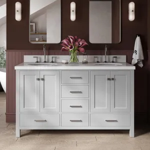 ARIEL 61" Grey Double Bathroom Vanity with 1.5" Edge Pure White Quartz Countertop & Backsplash, Center Oval Sinks, 4 Soft Closing Doors, 6 Full Extension Dovetail Drawers, Brushed Nickel