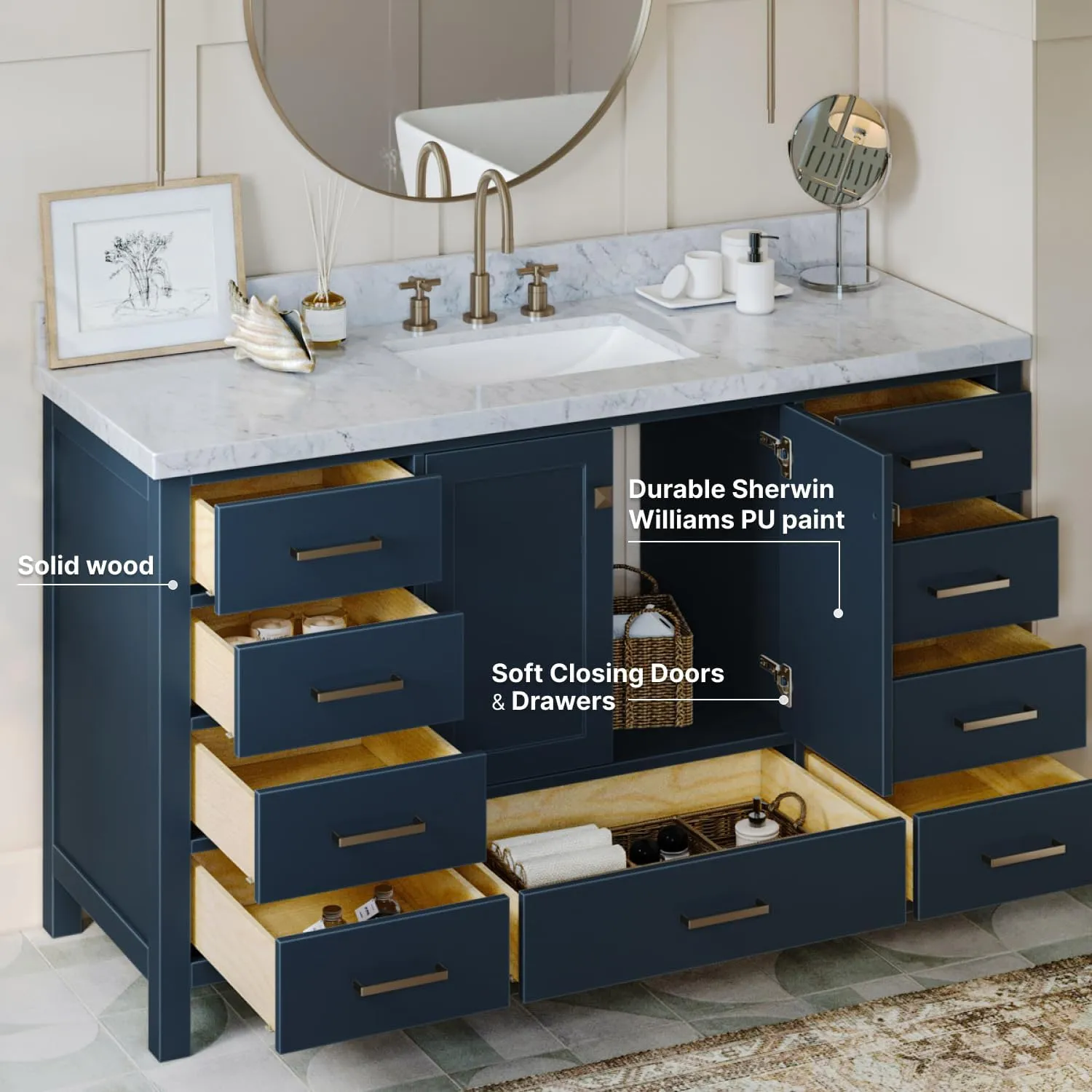 ARIEL 61" Midnight Blue Bathroom Vanity 1.5" Edge Italian Carrara Marble Countertop & Splash, Rectangular Sink, 2 Soft Closing Doors, 9 Full Extension Dovetail Drawers, Satin Brass