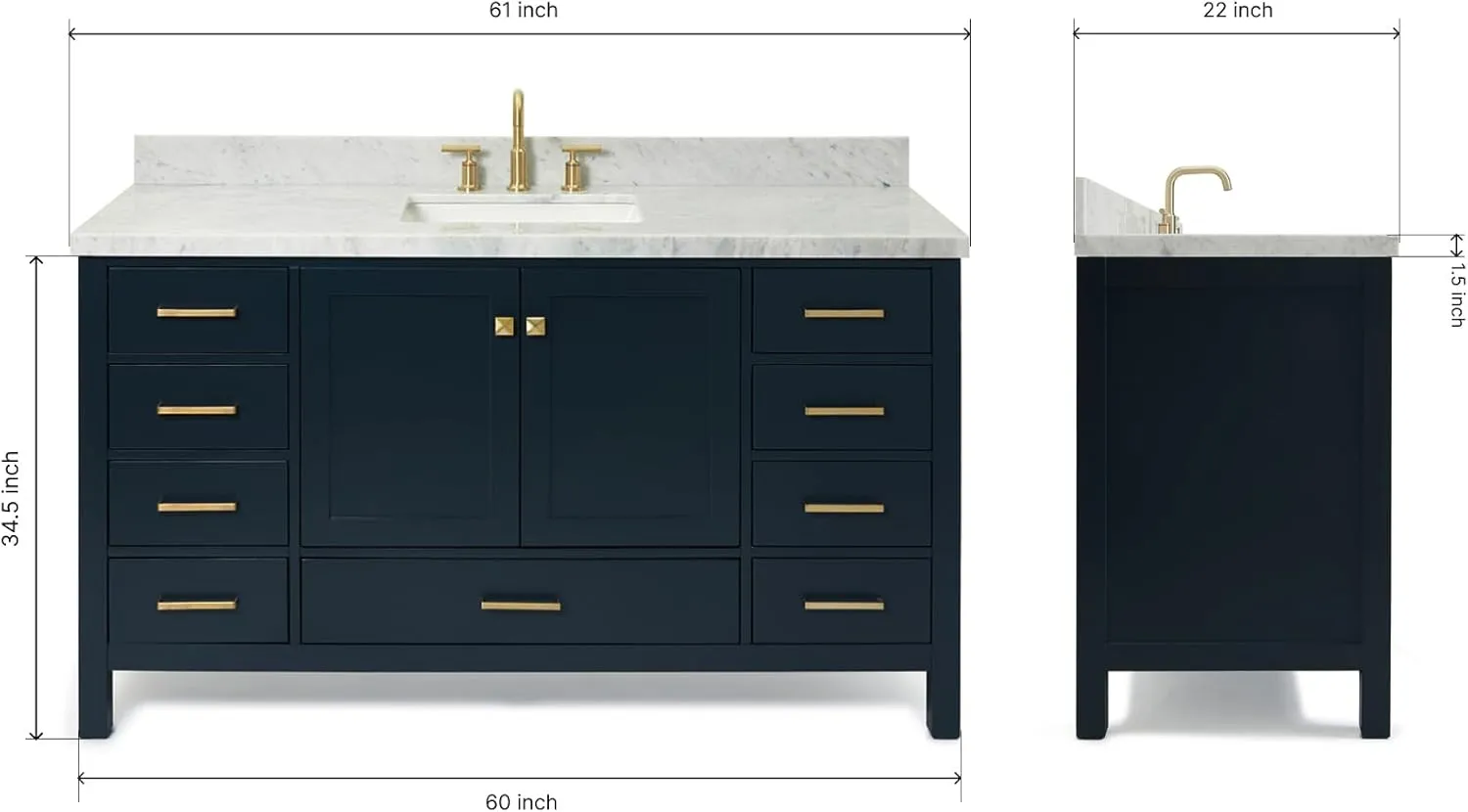 ARIEL 61" Midnight Blue Bathroom Vanity 1.5" Edge Italian Carrara Marble Countertop & Splash, Rectangular Sink, 2 Soft Closing Doors, 9 Full Extension Dovetail Drawers, Satin Brass