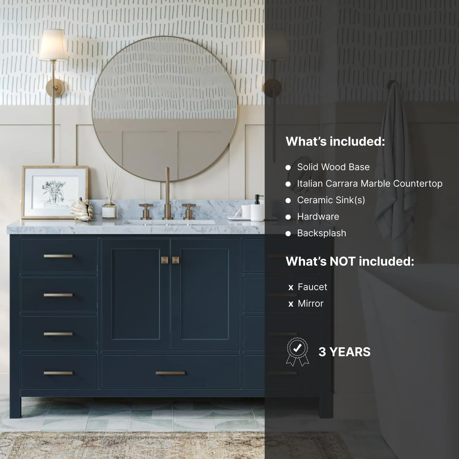 ARIEL 61" Midnight Blue Bathroom Vanity 1.5" Edge Italian Carrara Marble Countertop & Splash, Rectangular Sink, 2 Soft Closing Doors, 9 Full Extension Dovetail Drawers, Satin Brass