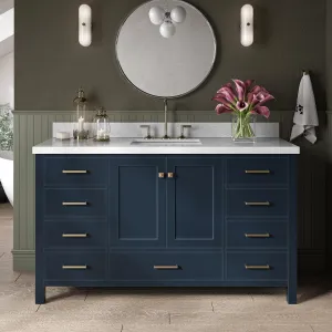 ARIEL 61" Midnight Blue Bathroom Vanity 1.5" Edge Italian Carrara Marble Countertop & Splash, Rectangular Sink, 2 Soft Closing Doors, 9 Full Extension Dovetail Drawers, Satin Brass