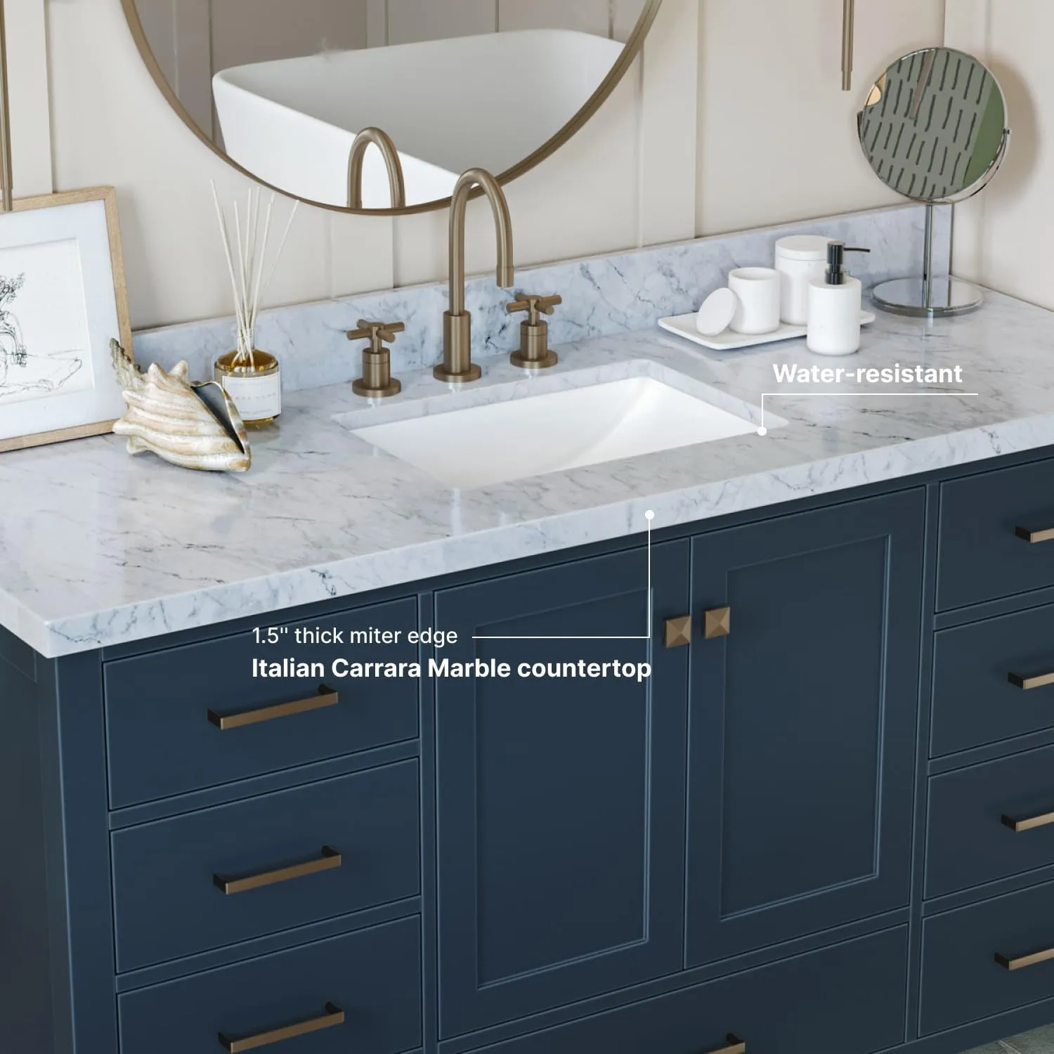 ARIEL 61" Midnight Blue Bathroom Vanity 1.5" Edge Italian Carrara Marble Countertop & Splash, Rectangular Sink, 2 Soft Closing Doors, 9 Full Extension Dovetail Drawers, Satin Brass