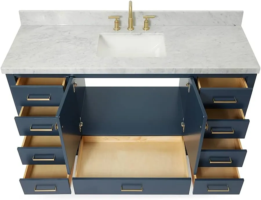 ARIEL 61" Midnight Blue Bathroom Vanity 1.5" Edge Italian Carrara Marble Countertop & Splash, Rectangular Sink, 2 Soft Closing Doors, 9 Full Extension Dovetail Drawers, Satin Brass