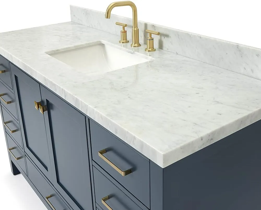 ARIEL 61" Midnight Blue Bathroom Vanity 1.5" Edge Italian Carrara Marble Countertop & Splash, Rectangular Sink, 2 Soft Closing Doors, 9 Full Extension Dovetail Drawers, Satin Brass