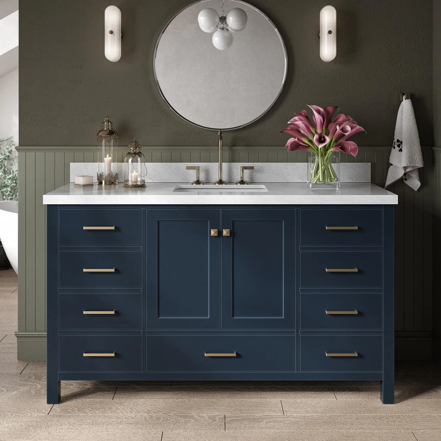 ARIEL 61" Midnight Blue Bathroom Vanity 1.5" Edge Italian Carrara Marble Countertop & Splash, Rectangular Sink, 2 Soft Closing Doors, 9 Full Extension Dovetail Drawers, Satin Brass