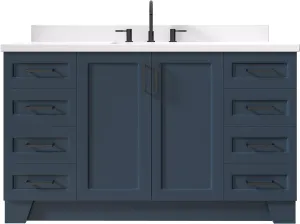 ARIEL 61" Midnight Blue Bathroom Vanity 1.5" Edge Pure White Quartz Countertop & Splash, Rectangular Sink, 2 Soft Closing Doors, 9 Full Extension Dovetail Drawers, Matte Black